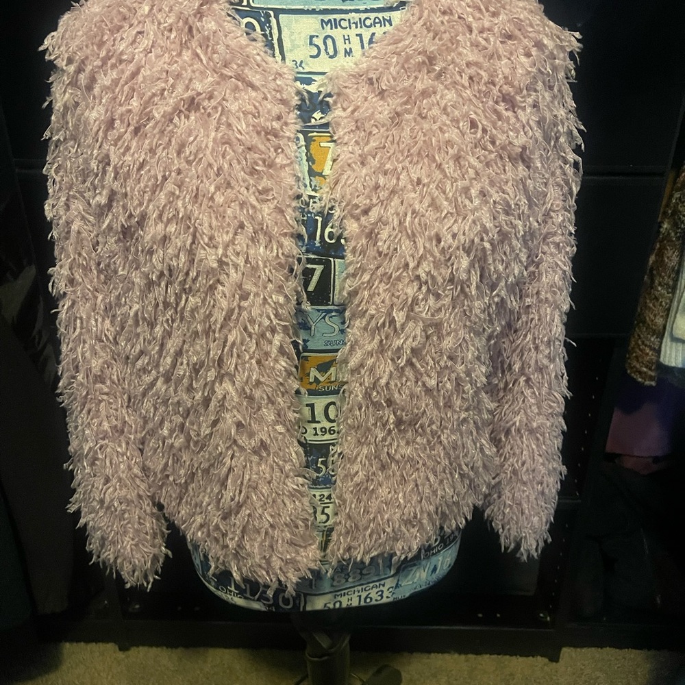 Pink fuzzy sweater shawl